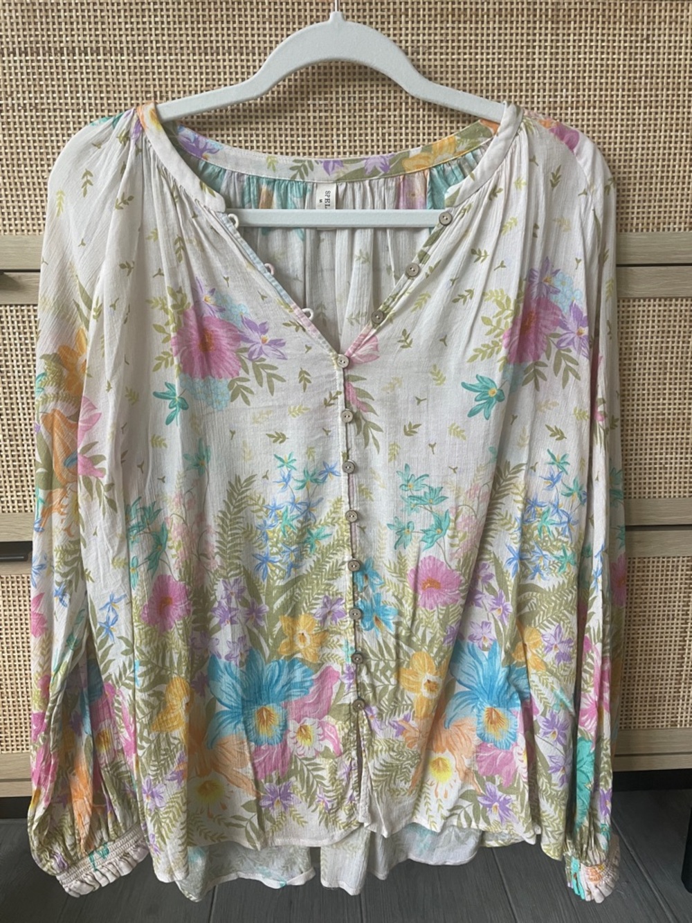 Spell and The Gypsy Floral Peasant Top in Pink, Aqua, and Green